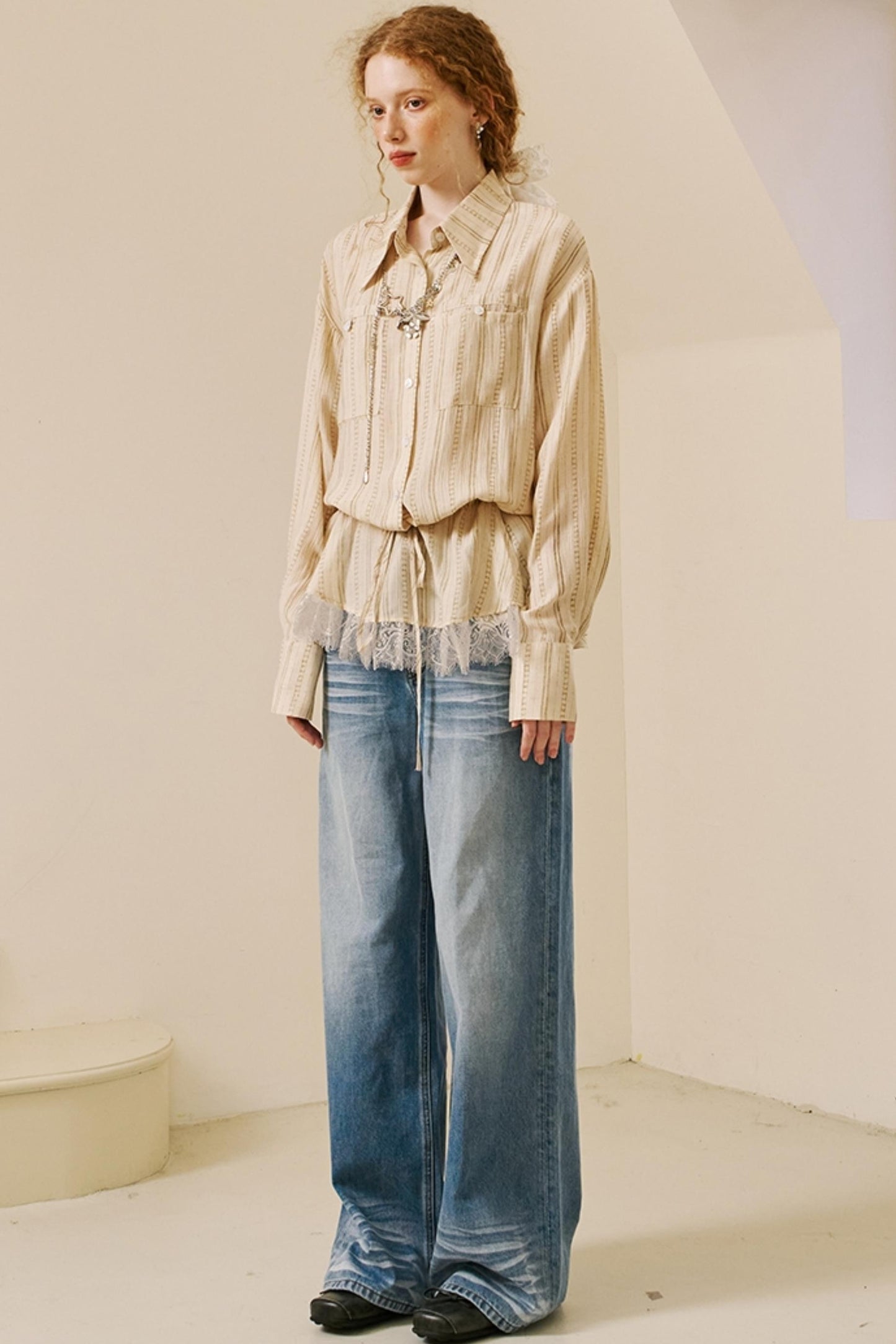 Vintage Lace-Trimmed Drawstring Shirt