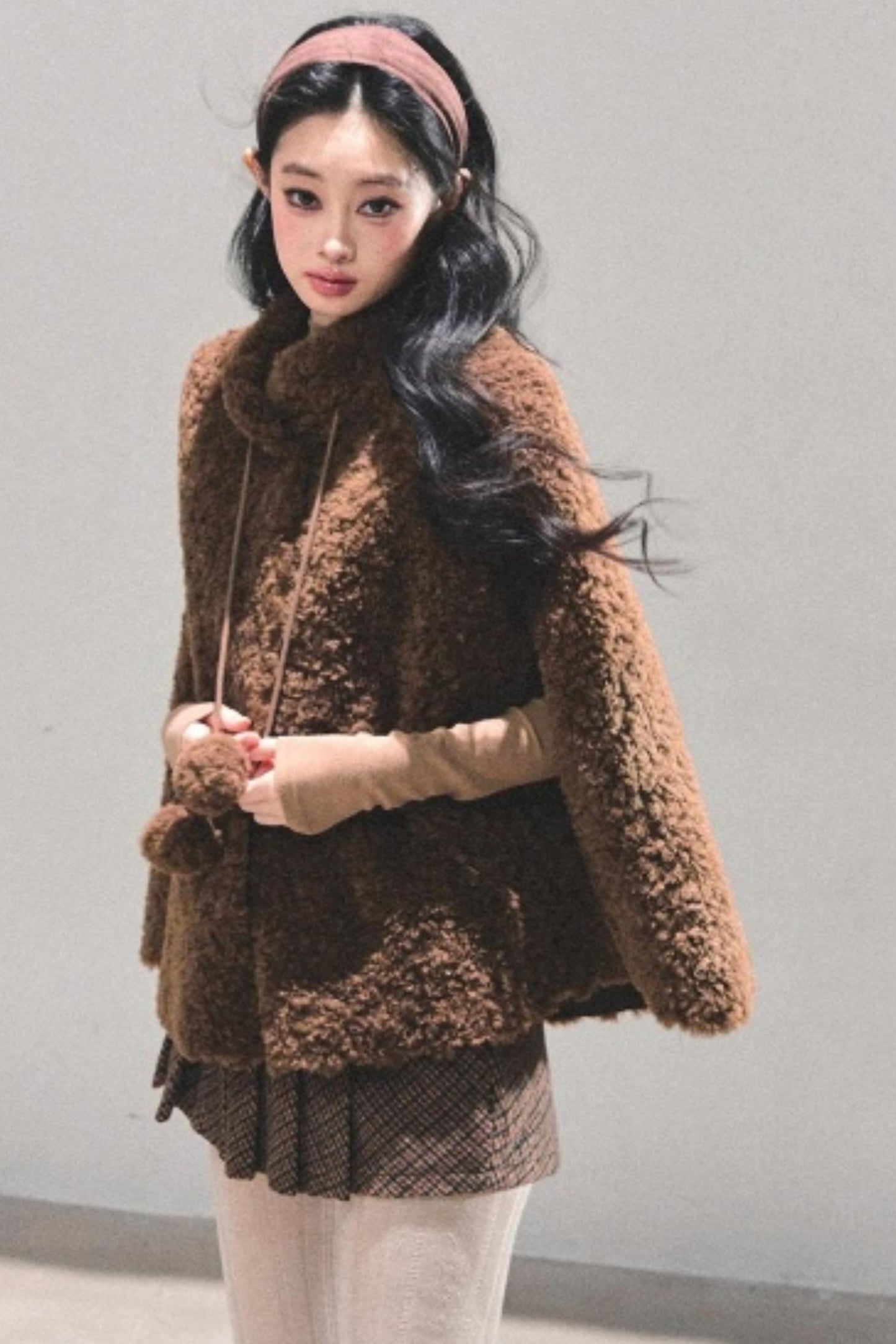Korean-Style Lamb Wool Cape Coat