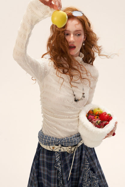 High-Neck Knitted Striped Slimming Shirt