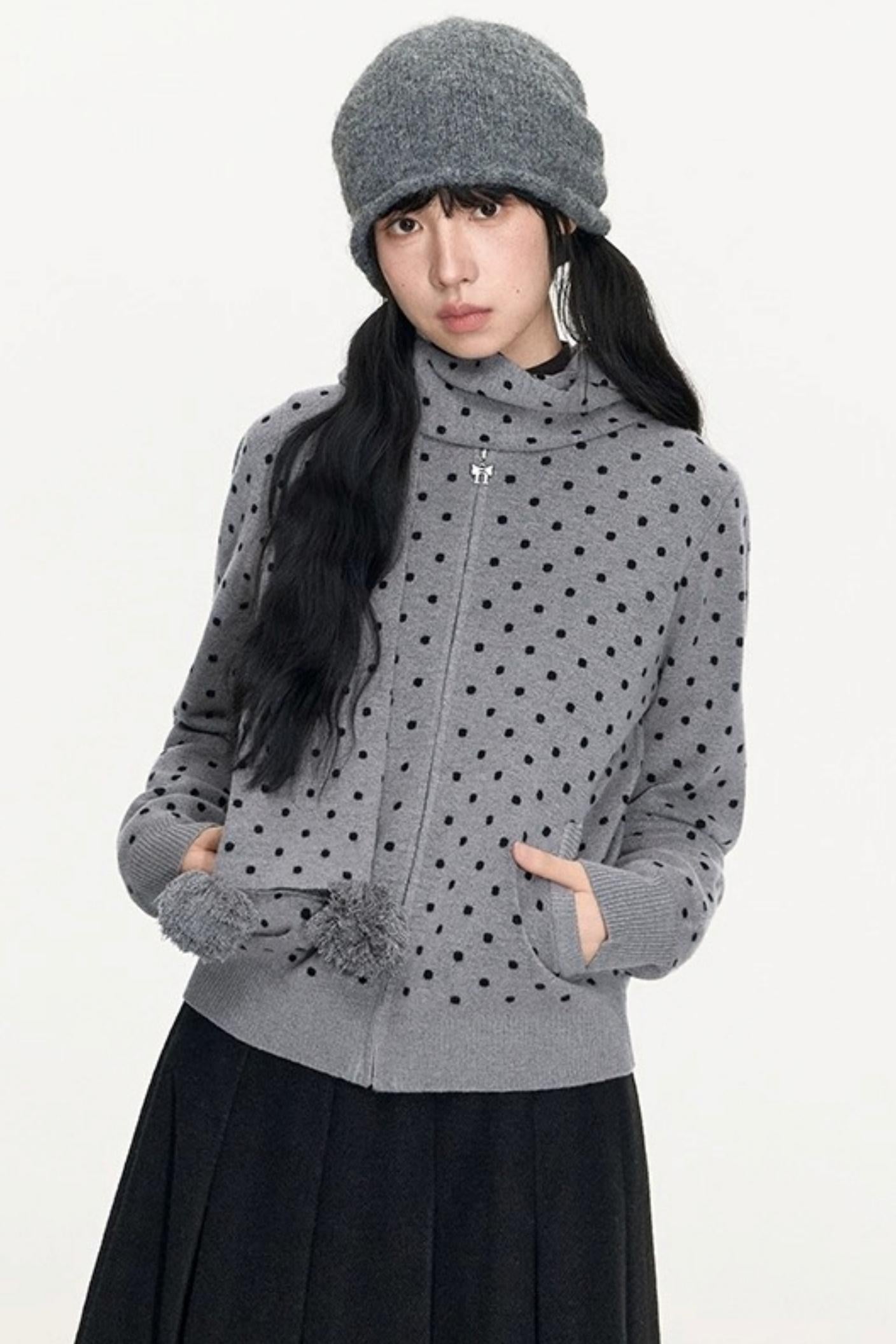 Polka Dot Hooded Knit Sweater Skirt Set-Up