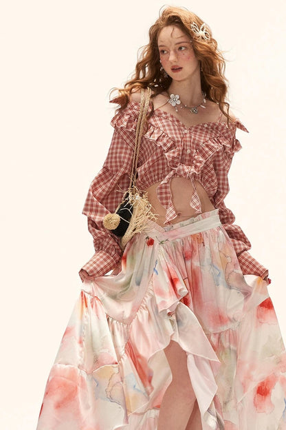 Cropped Plaid Off-Shoulder Blouse