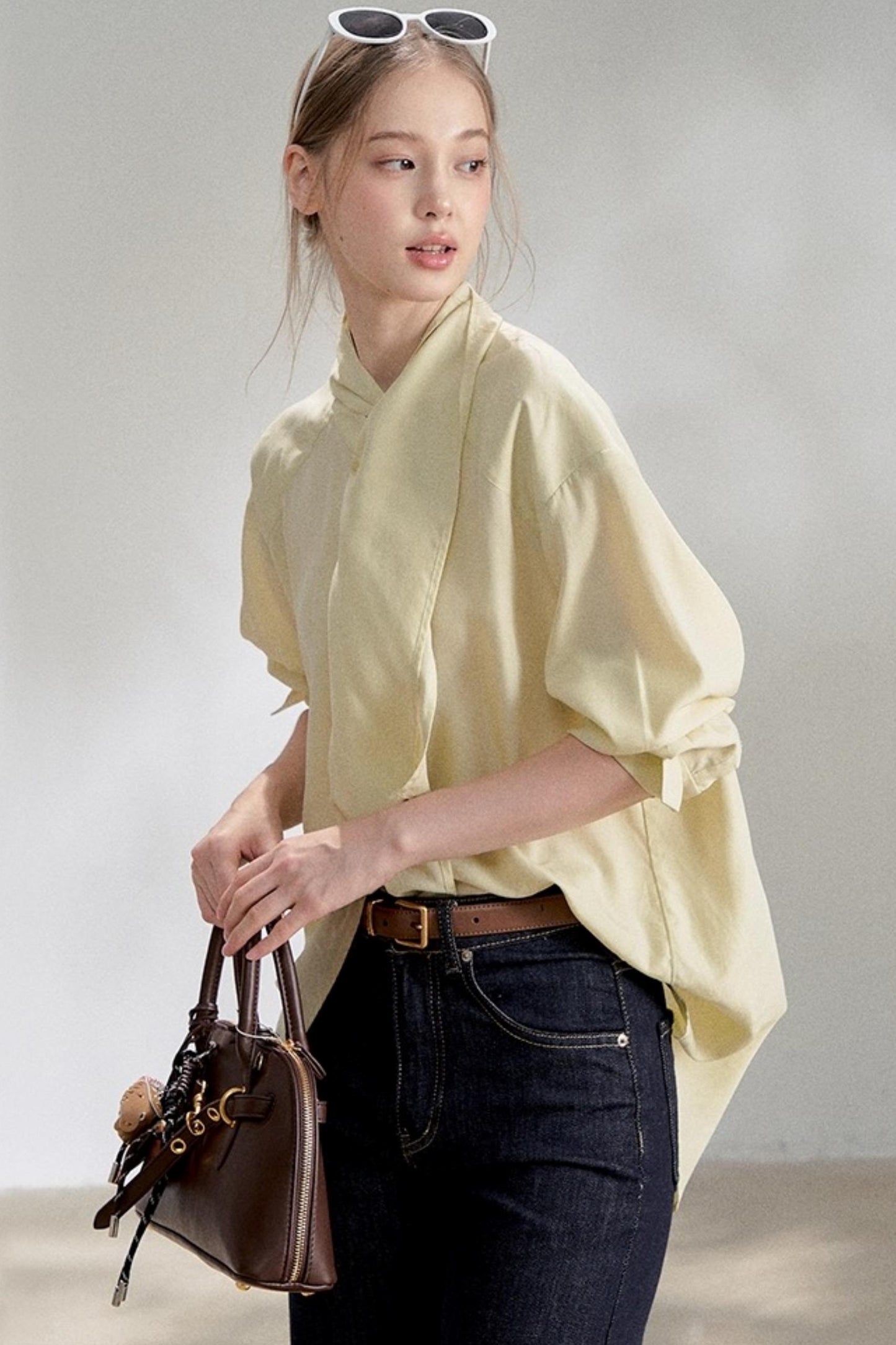 Yellow Lace-up Stand Collar Shirt