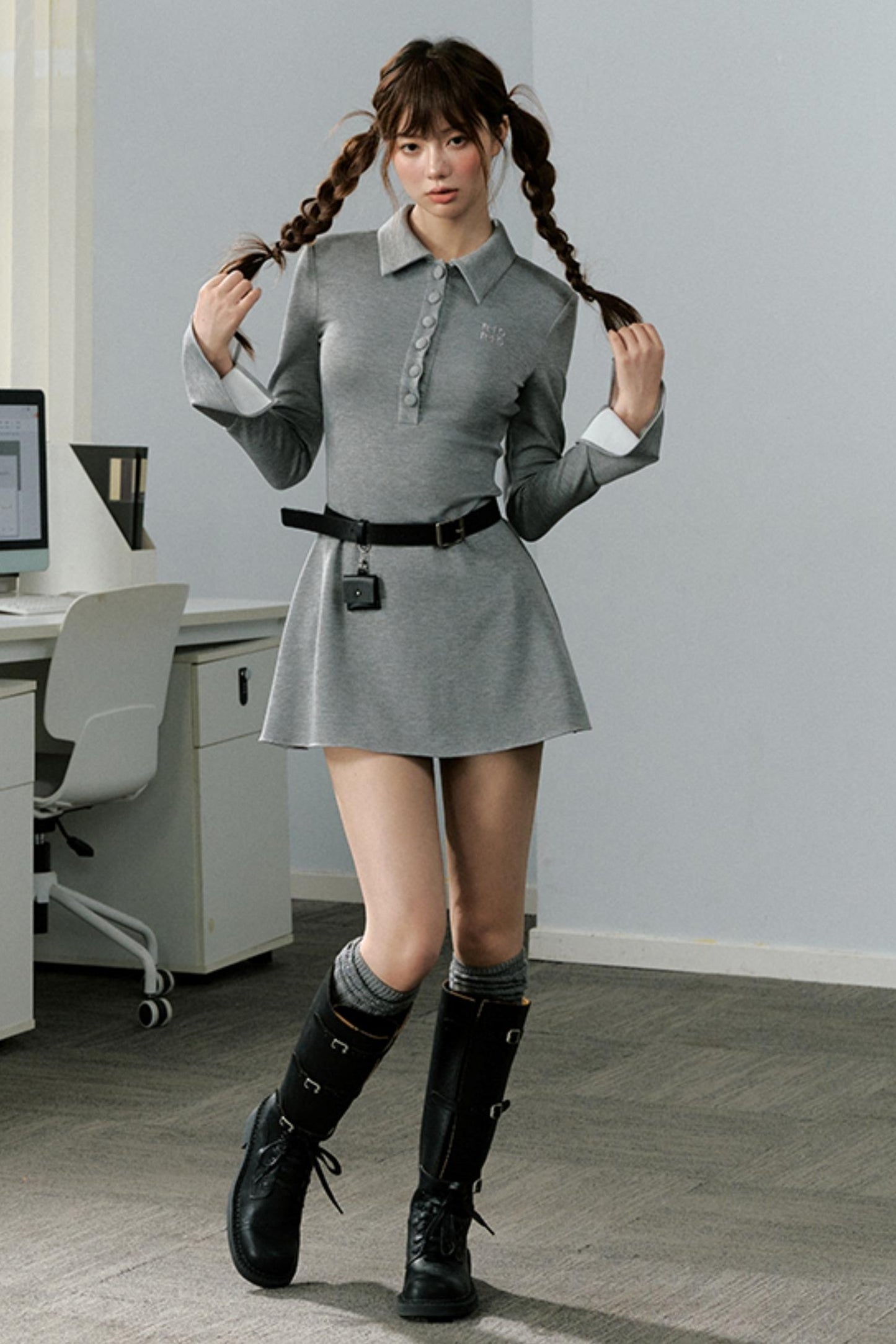 Gray Knit Polo Dress
