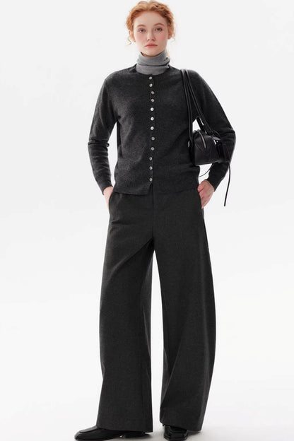 Gray Wool Crew Neck Cardigan