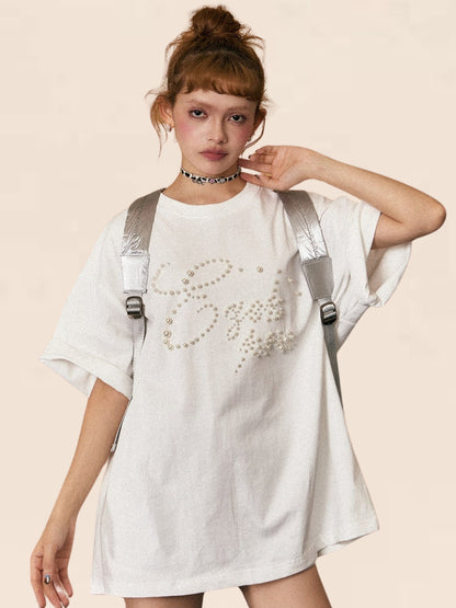 Beaded Pearl Loose Mid-Length T-shirt