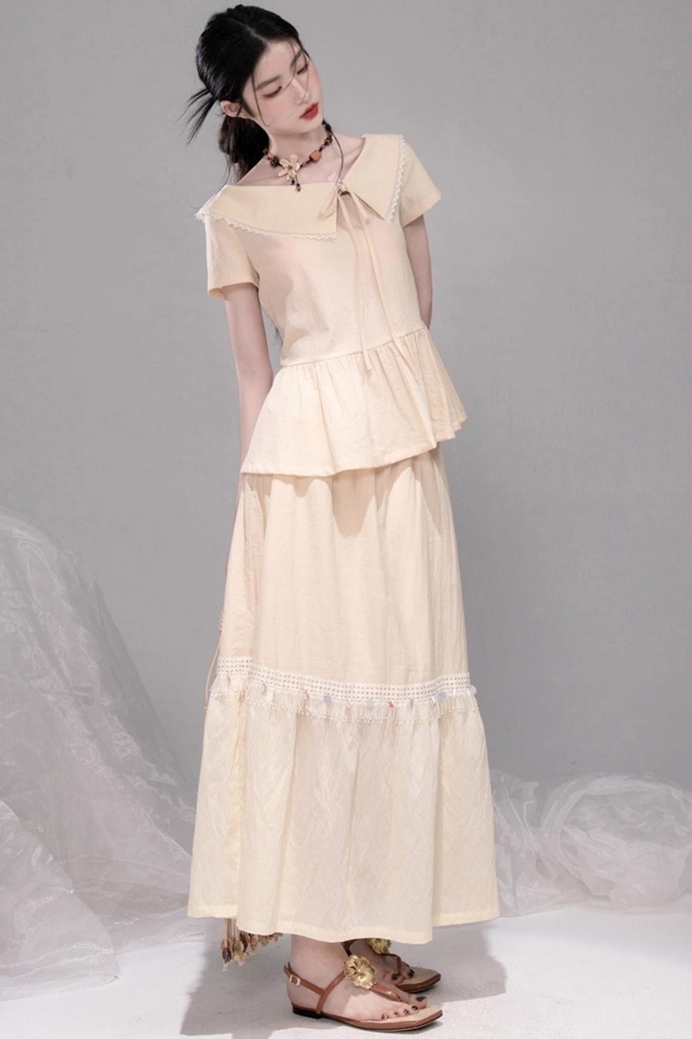 Soft Apricot Wave Layered Skirt Set