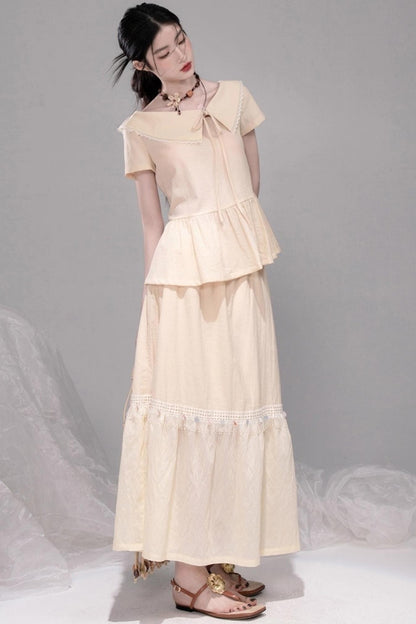 Soft Apricot Wave Layered Skirt Set