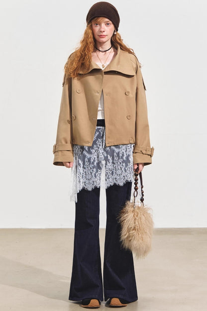 Slanted Stand-Up Collar Cropped Trench Coat