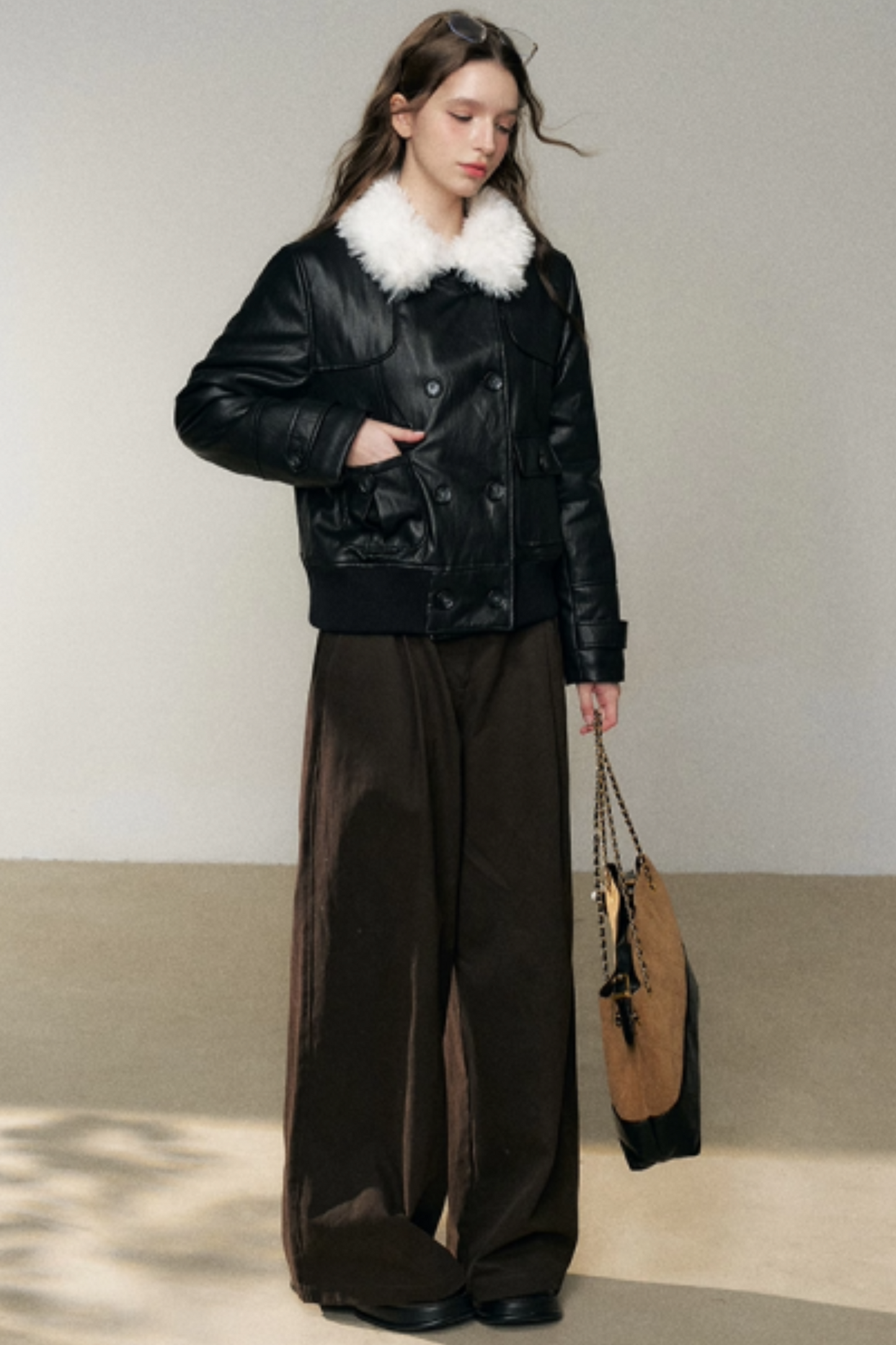 Thickened Double-Breasted Leather Coat