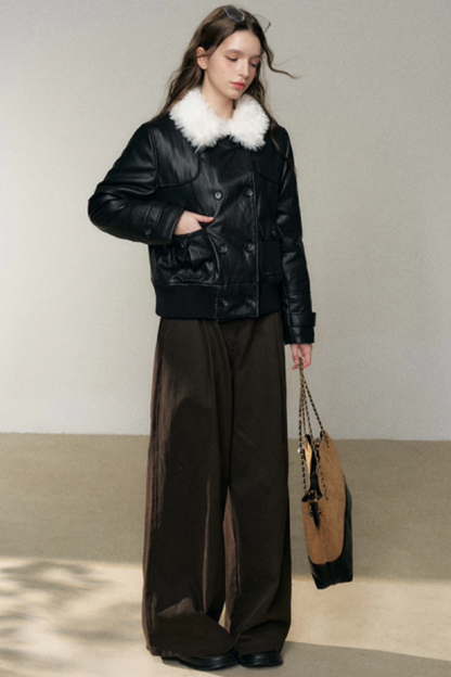 Thickened Double-Breasted Leather Coat