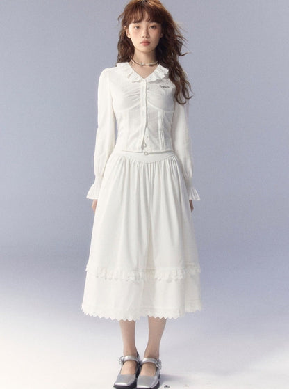 White skirt with shirt long-sleeved top Set