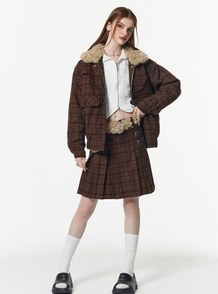 Thickened plaid short  Coat With Skirt Set