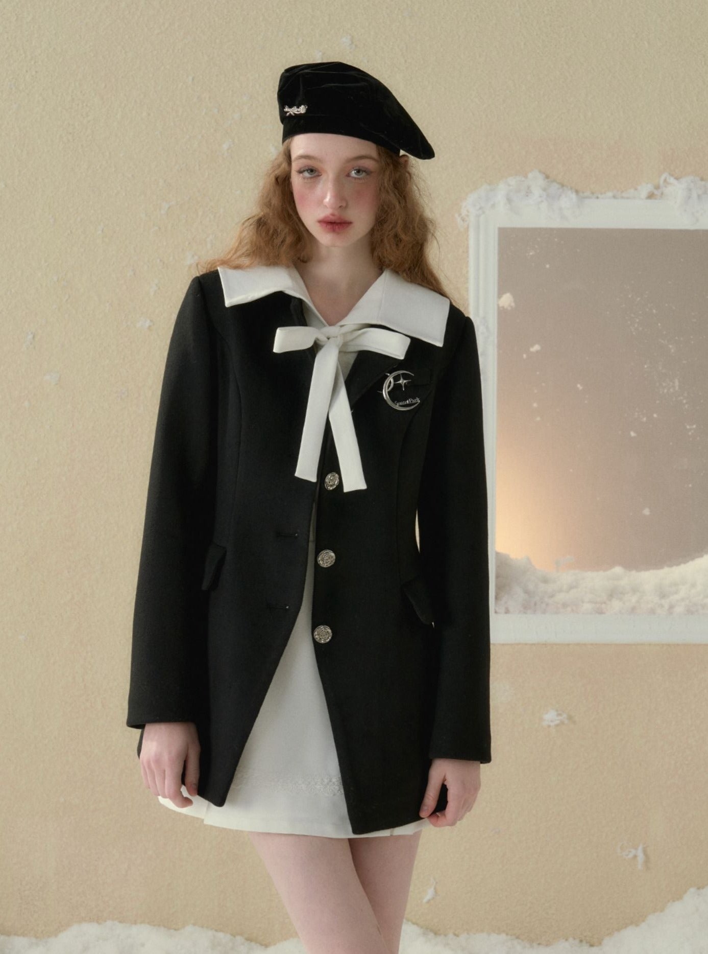 Retro Black Wool Slim Waist Coat with Skirt Set