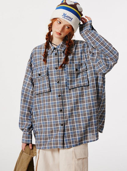 Retro Plaid Langarm japanischer Hemdjacke