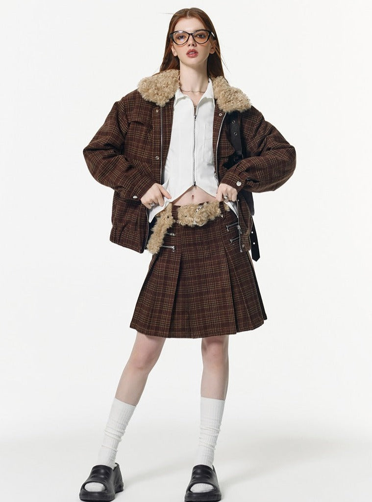 Thickened plaid short Coat With Skirt Set