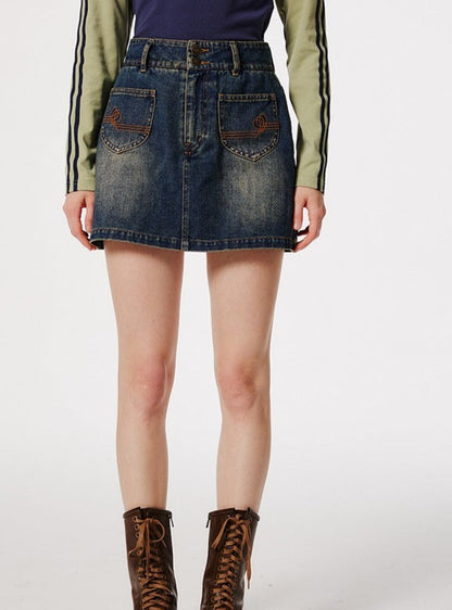 AMERICAN RETRO WAIST A-LINE SMALL DENIM SKIRT