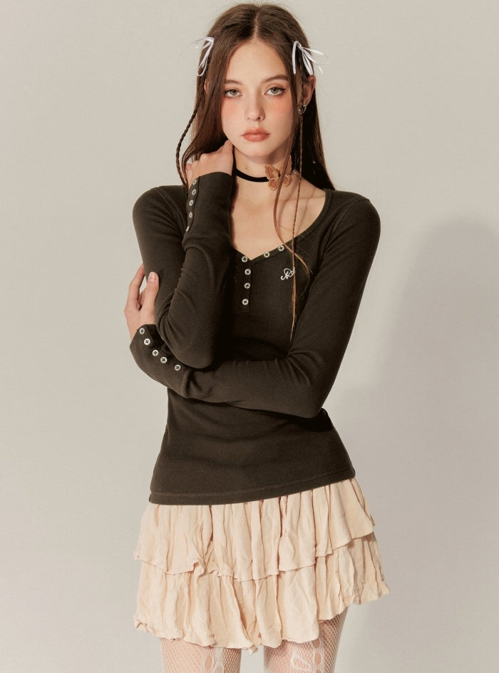 Heart Collar Long Sleeves Base T-Shirt