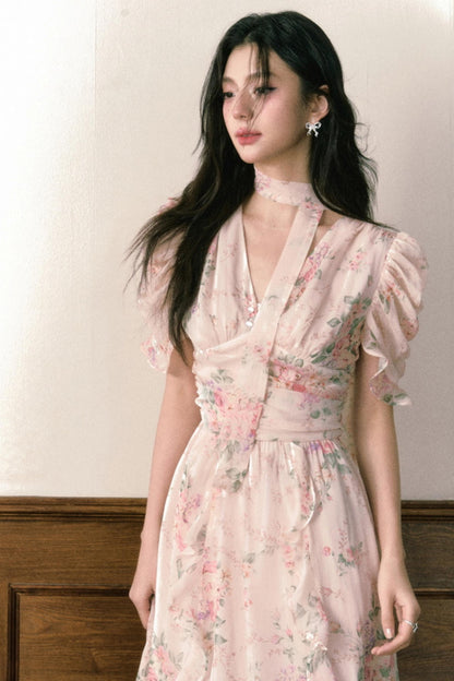 Pink Chiffon V-Neck Summer Dress