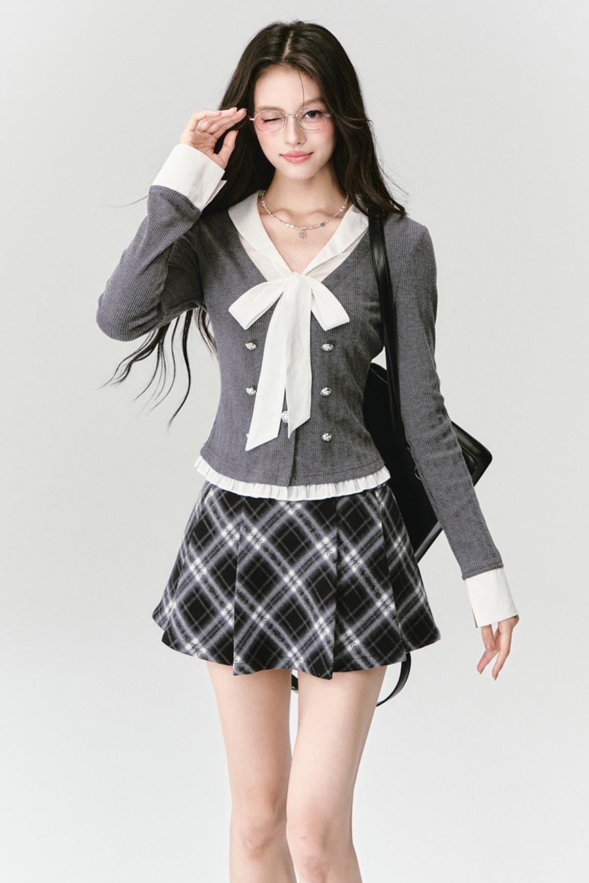 Bow Knit Fake Two-Piece College Top Set-Up