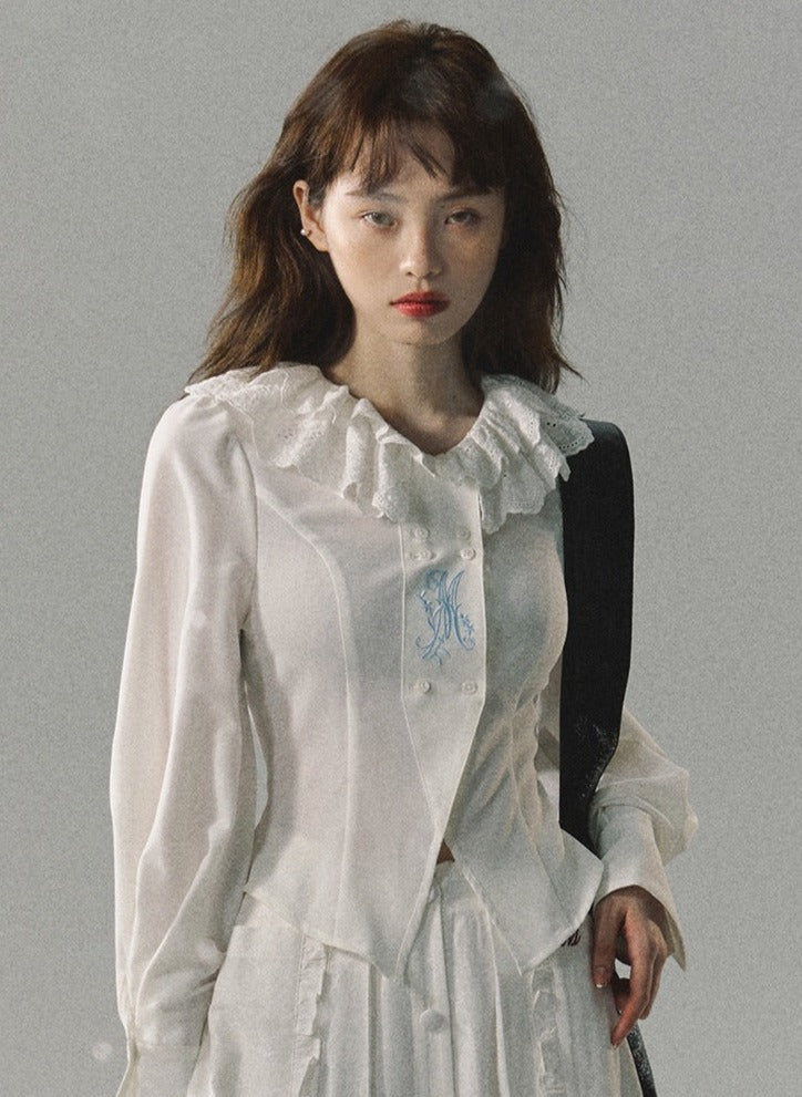 Embroidered double neckline split shirt