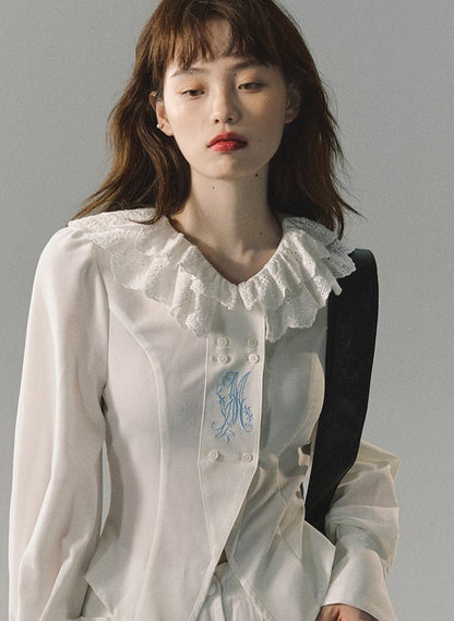 Embroidered double neckline split shirt