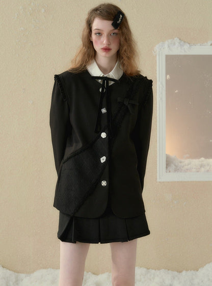 Black V-neck design rose Suit Coat