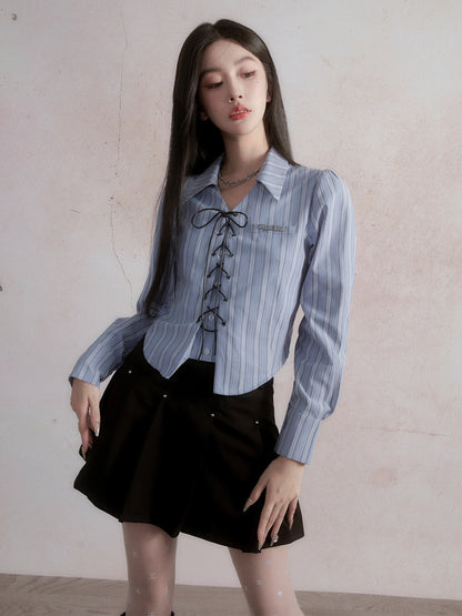 Salt-based striped casual lace-up shirt