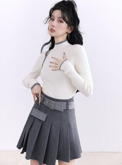 Wool panels pleated skirt