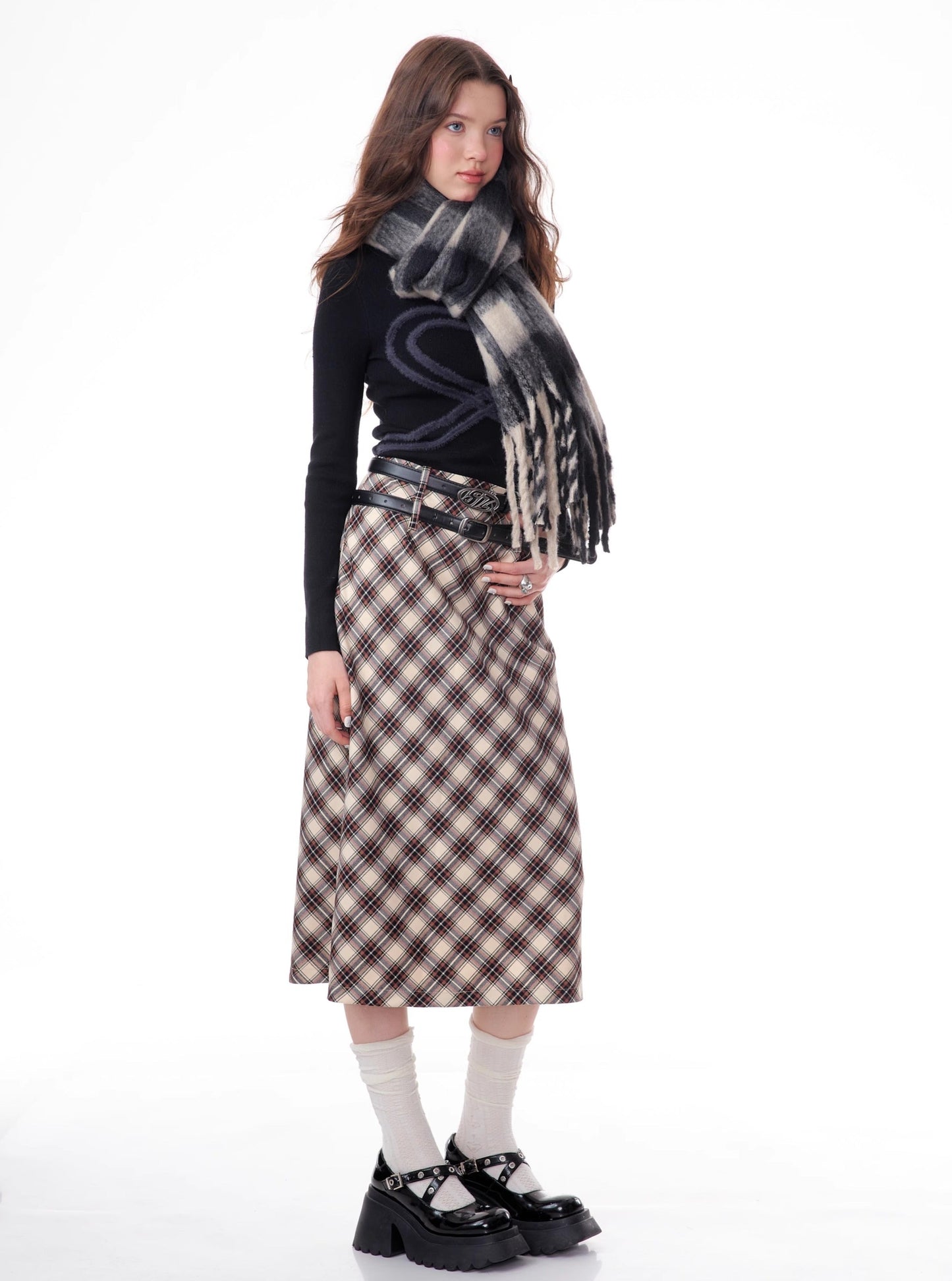 American high-waisted a-line midi plaid skirt