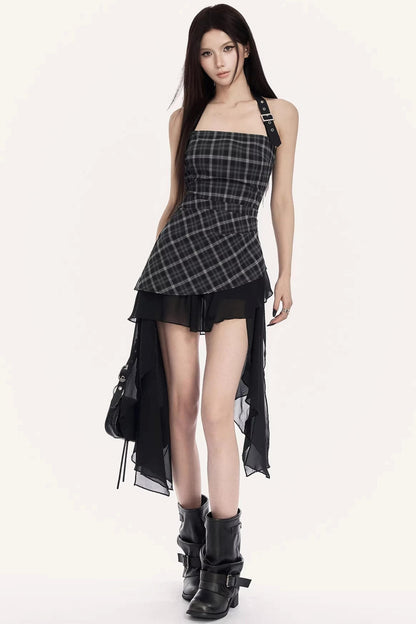 Irregular Ruffle Plaid Dress