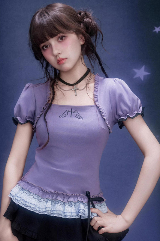 Purple Puff Sleeve Lace Top
