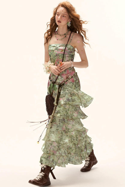 Green Floral Strapless Dress