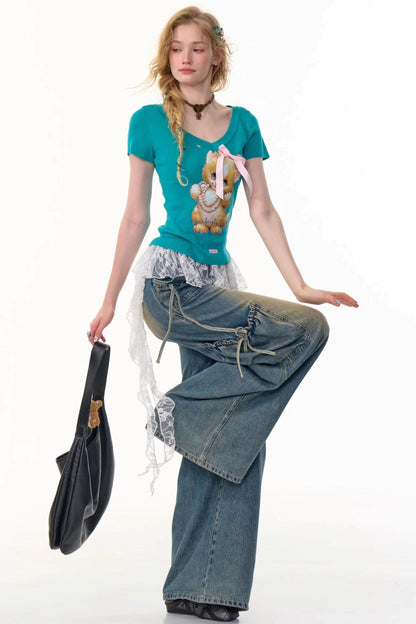 Cat Print V-Neck T-Shirt