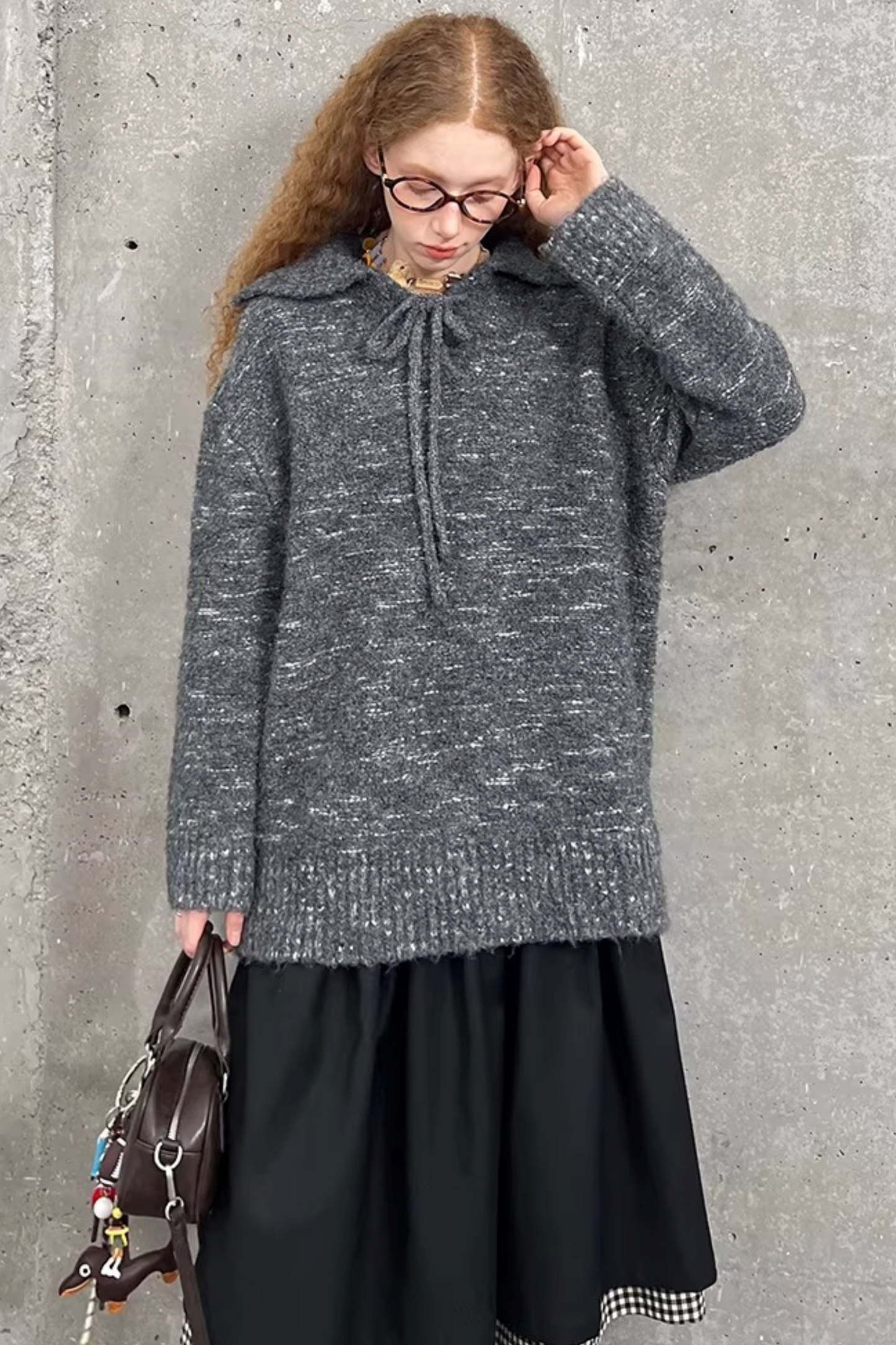 Lace-Up Turn-Down Collar Sweater Matching Set