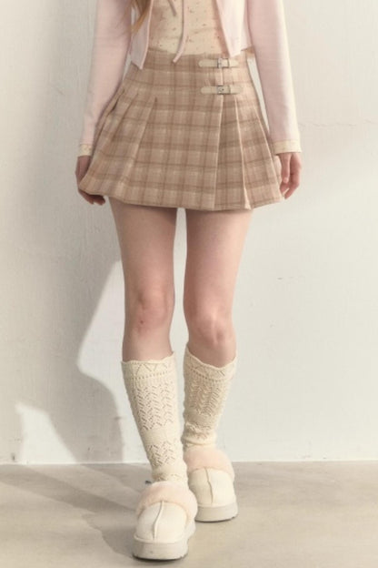 Plaid Leather Buckle Skirt