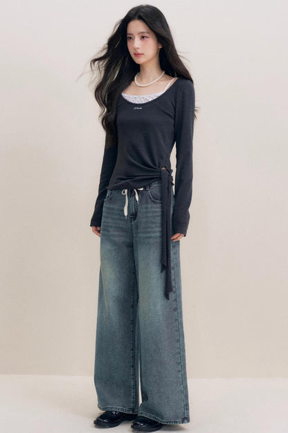 Lazy Contrast Drawstring Wide Leg Jeans