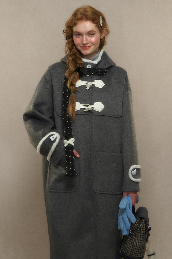 Grey Hooded Tweed Coat With Bow