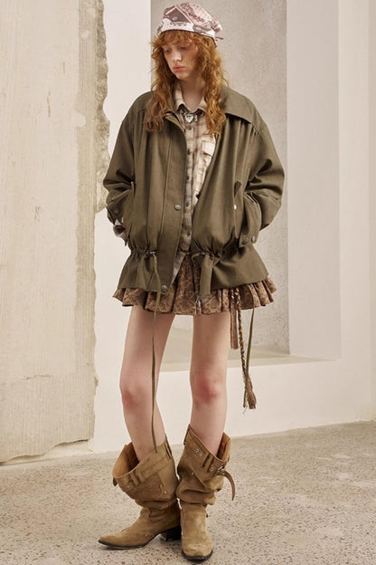 Pleats Waist Solid Color Loose Jacket