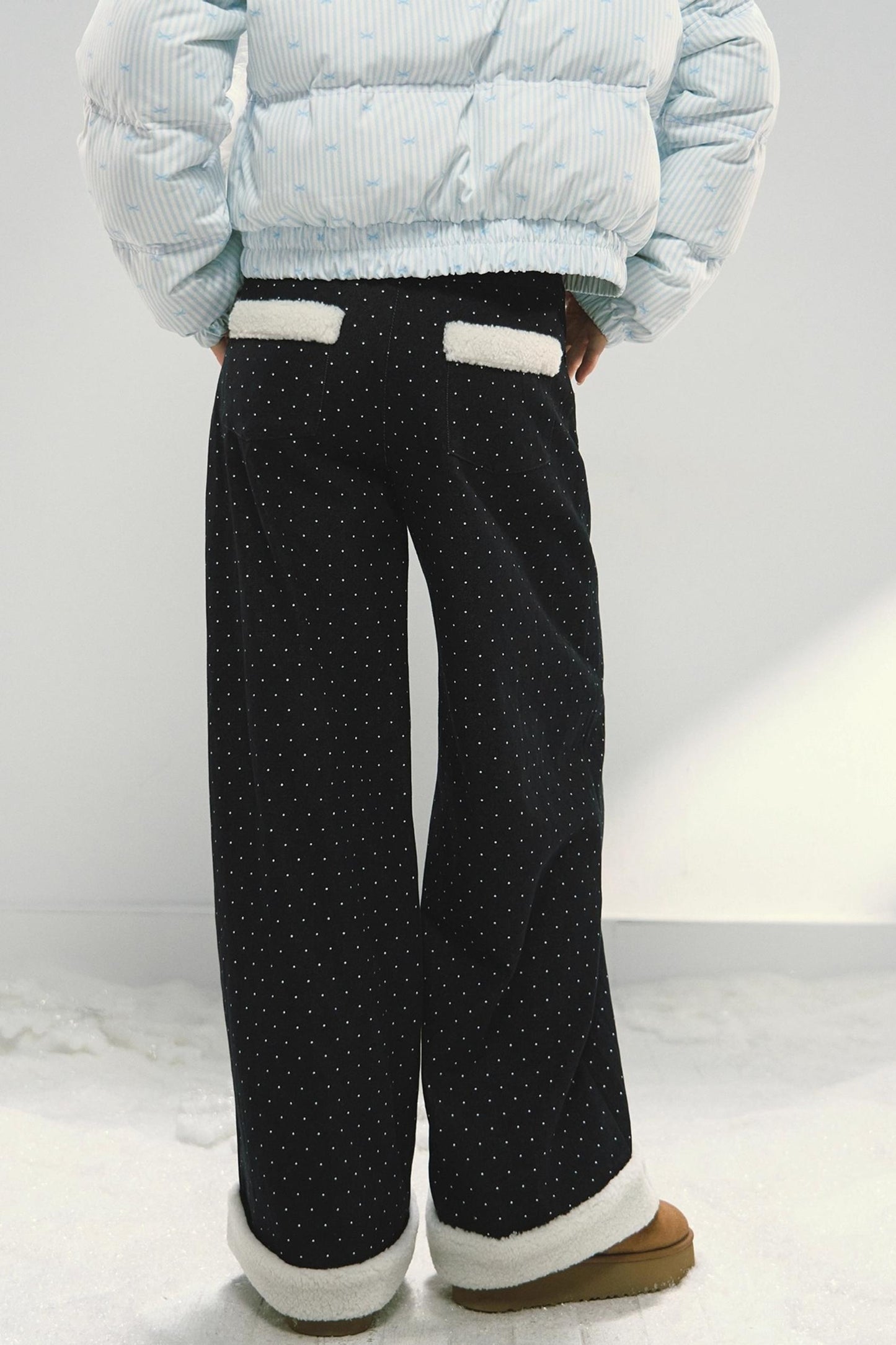 Dark Blue Polka Dot Patchwork Wide-Leg Jeans