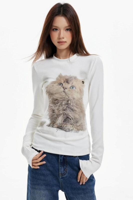 Cat Print Slim Knit Base Top