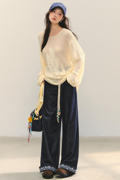 Embroidered Straight-Leg Pants