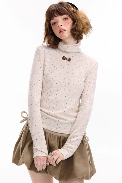 Retro Polka Dot High-Neck Long Sleeve T-Shirt