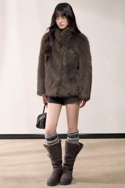 Eco-Friendly Fur Stand-Up Collar Coat