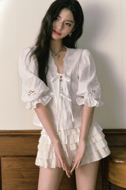 Bubble Sleeve Two Piece Cake Skirt Set-Up