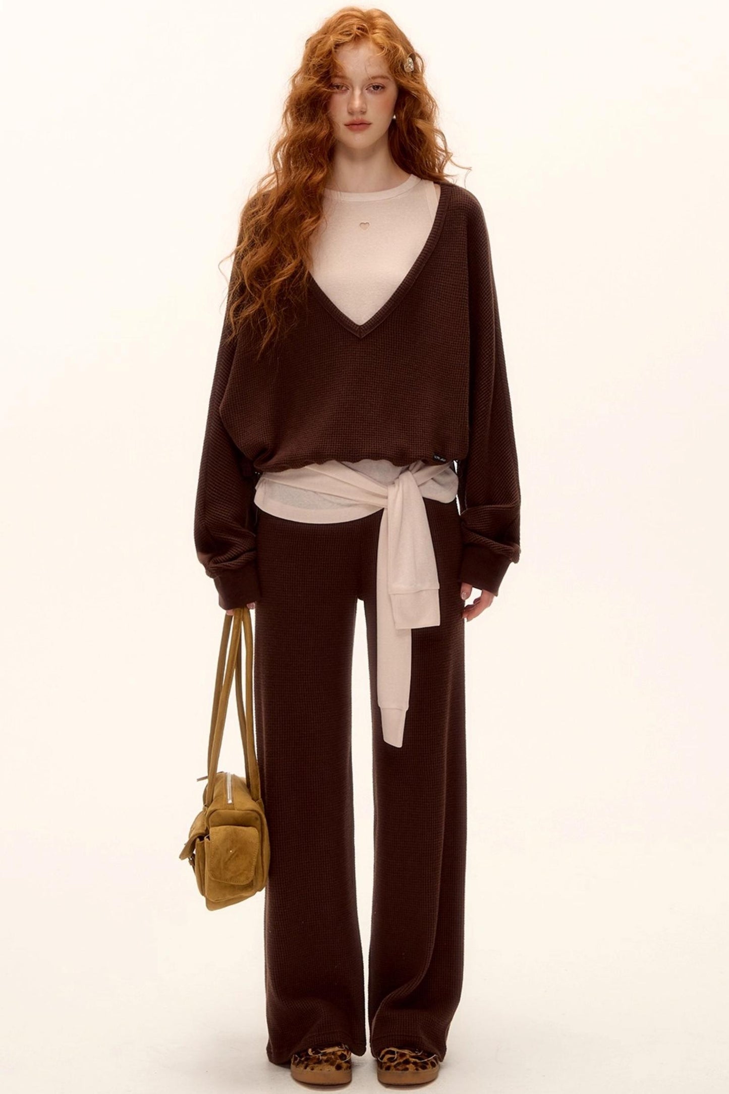 Waffle Knit V-Neck Sweater Set-Up