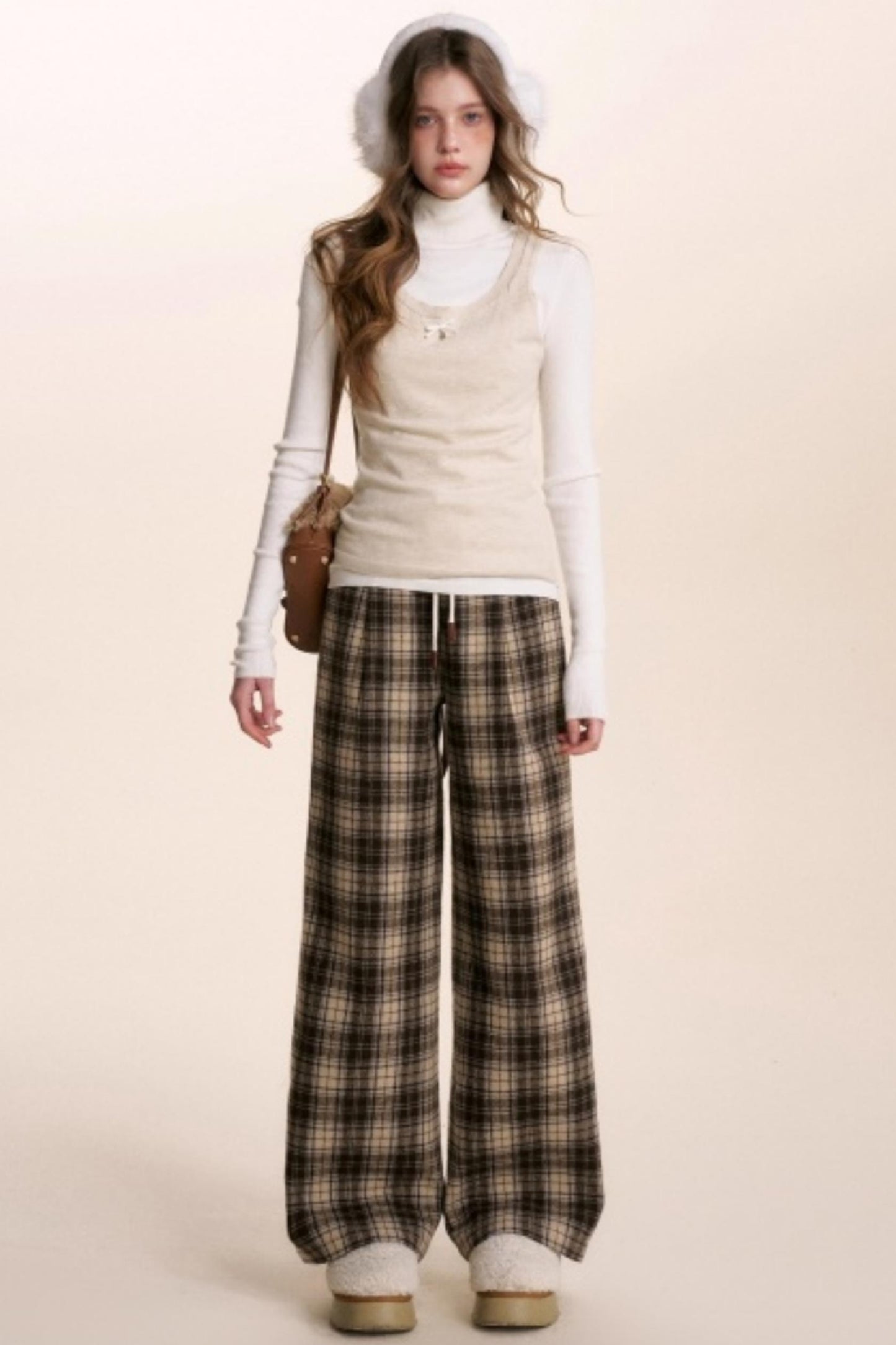 Plaid Woolen Wide-Leg Trousers