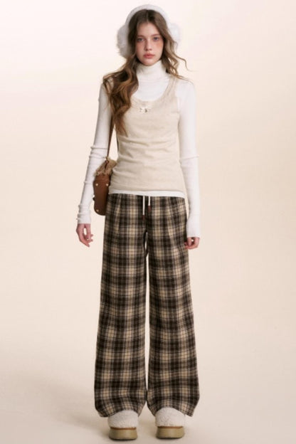 Plaid Woolen Wide-Leg Trousers