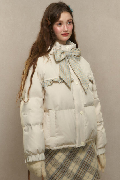 Cropped High Neck Duck Down Jacket with Bow