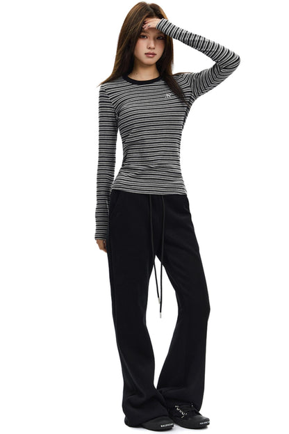 Brushed Crewneck Striped Long-Sleeve Top