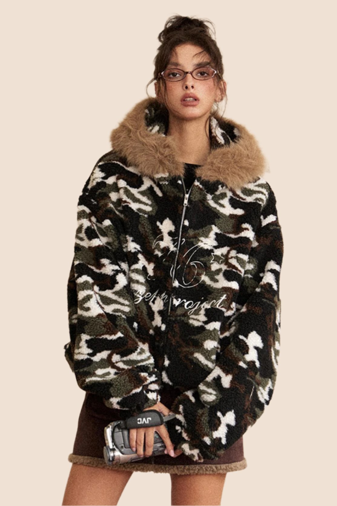 Retro Fur Collar Camouflage Wool Coat